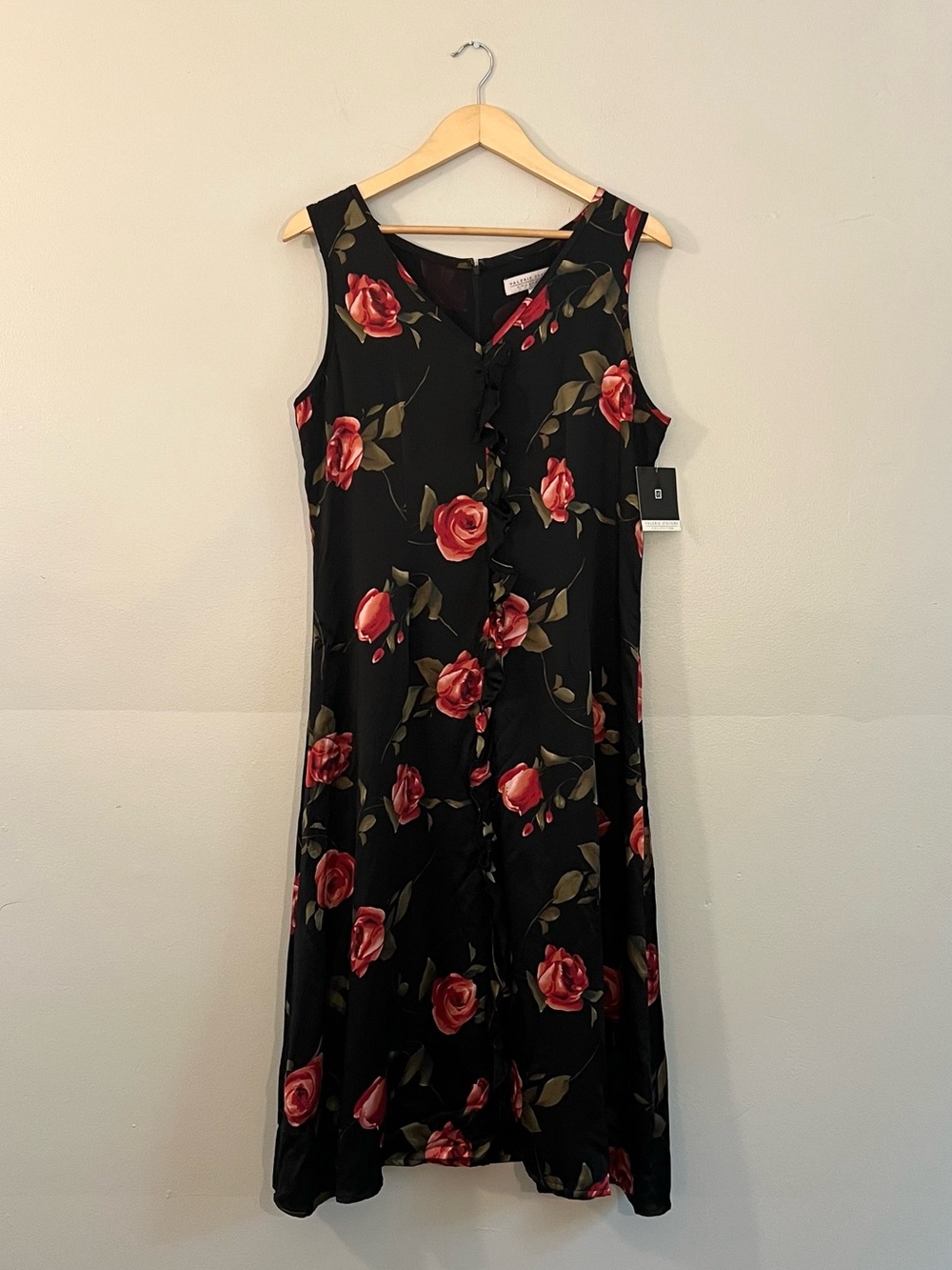 2000’s Valerie Stevens black Silk rose floral midi dress Y2K romantic feminine